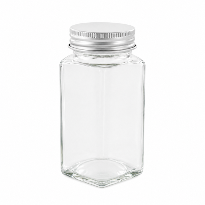 Flacon à Épices Poudreur Verre et Aluminium – Carré Réutilisable